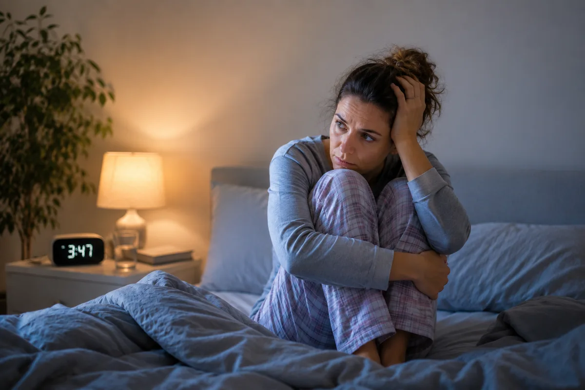 Frau sitzt nachts wach und erschöpft im Bett