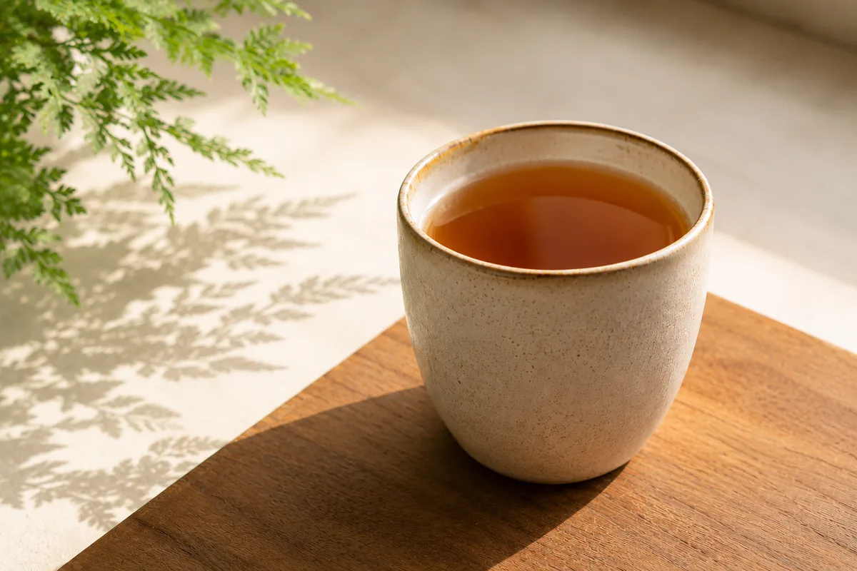 Dampfende Tasse Tee in warmem Licht